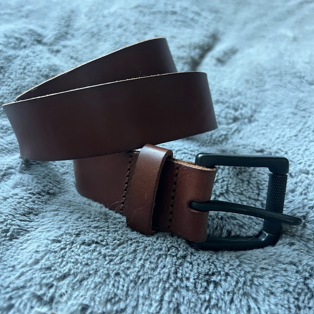 Men’s Brown Genuine Leather Belt with Matte Black Buckle. Size 38